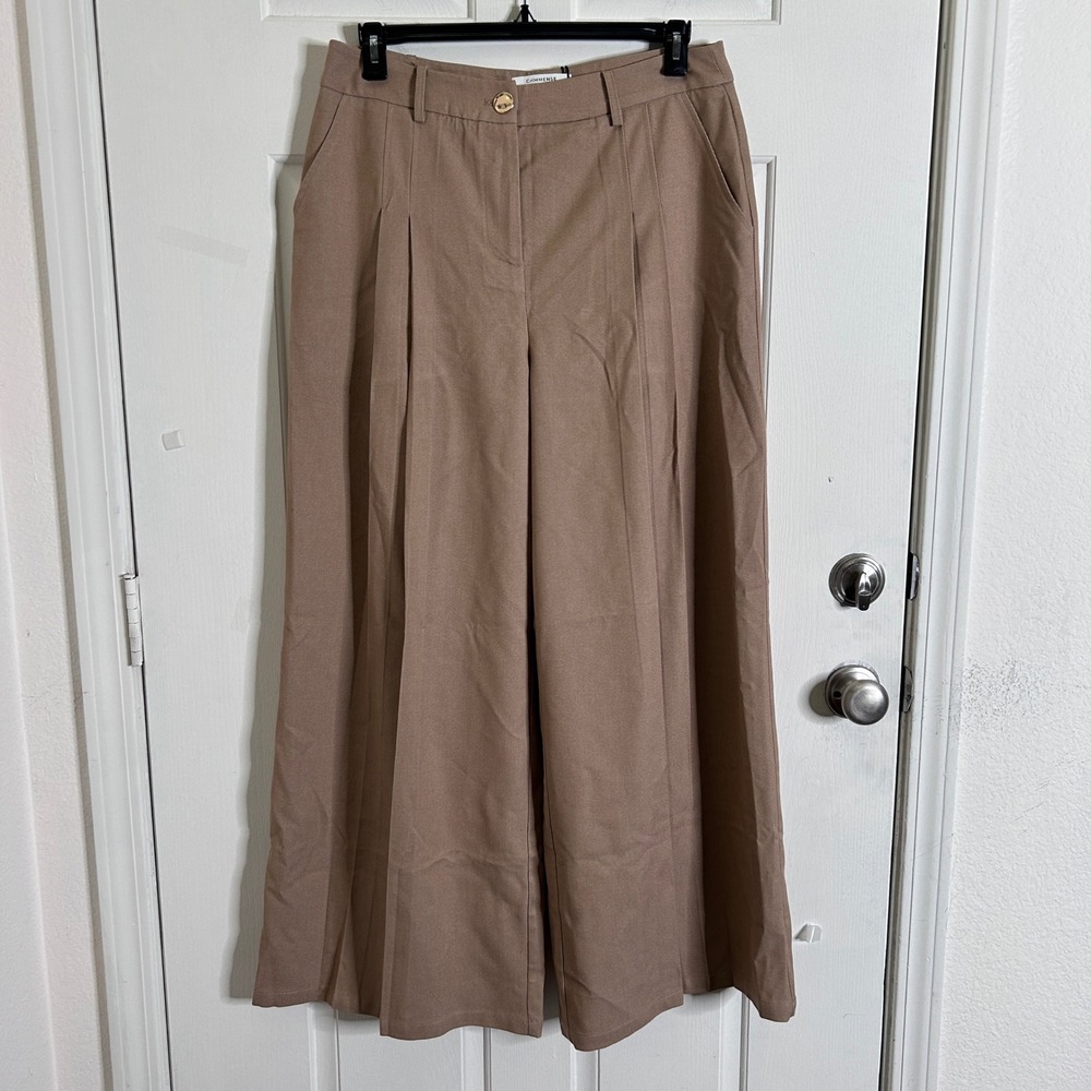 NWT Commense Wide Leg Trousers Women XL Tan Pleated High Waist Pants Career